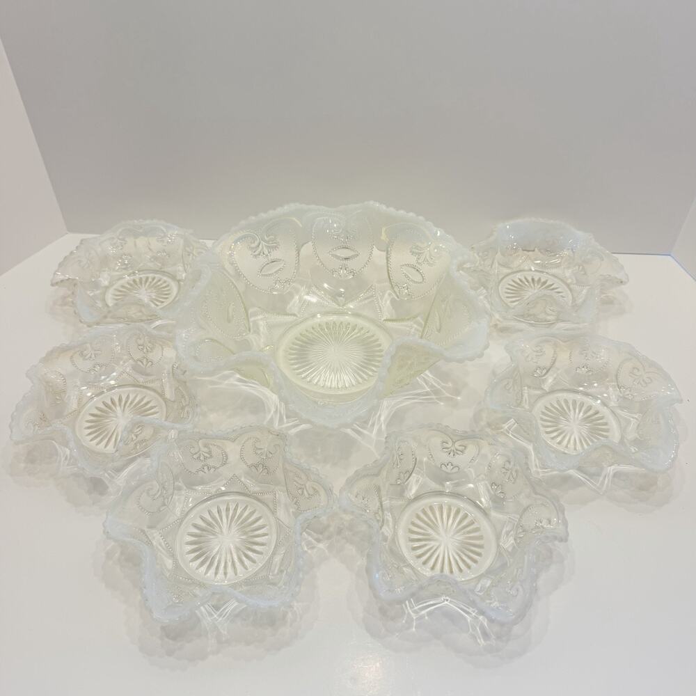Dugan Jeweled Heart Glass Serving + Berry Bowls Blue/White Opalescent Circa 1905